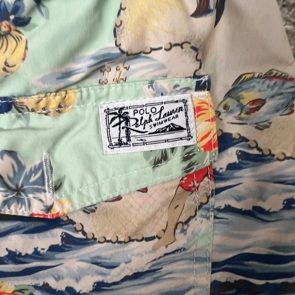 Polo Ralph Lauren Mens Hawaiian Hula Print Swim Trunks Green Blue Large